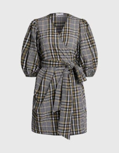 Ganni Seersucker Check Wrapped Mini Dress