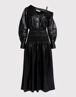 SELF PORTRAIT Self-Portrait Faux Leather Off-the-Shoulder Midi Dress