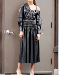 SELF PORTRAIT Self-Portrait Faux Leather Off-the-Shoulder Midi Dress -J.Lindeberg Shop 256641