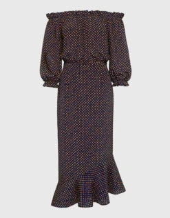 Saloni Grace Off Shoulder Polka-dots Ruffled Midi Dress
