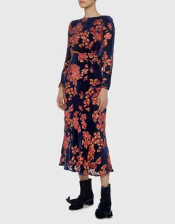Saloni Tina Boat-neck Open Back Velvet Floral Midi Dress -J.Lindeberg Shop 27749