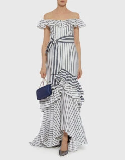 Alexis Madelia Off The Shoulder Striped Ruffled High Low Gown -J.Lindeberg Shop 31012