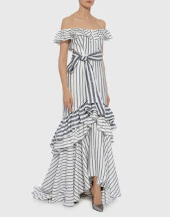 Alexis Madelia Off The Shoulder Striped Ruffled High Low Gown -J.Lindeberg Shop 31013