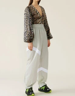 Ganni Leopard Print V-neck Silk-blend Satin Blouse