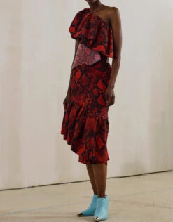 Solace London Heppy One-shoulder Ruffled Snake Print Midi Dress