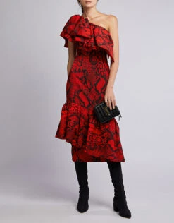 Solace London Heppy One-shoulder Ruffled Snake Print Midi Dress -J.Lindeberg Shop 44790
